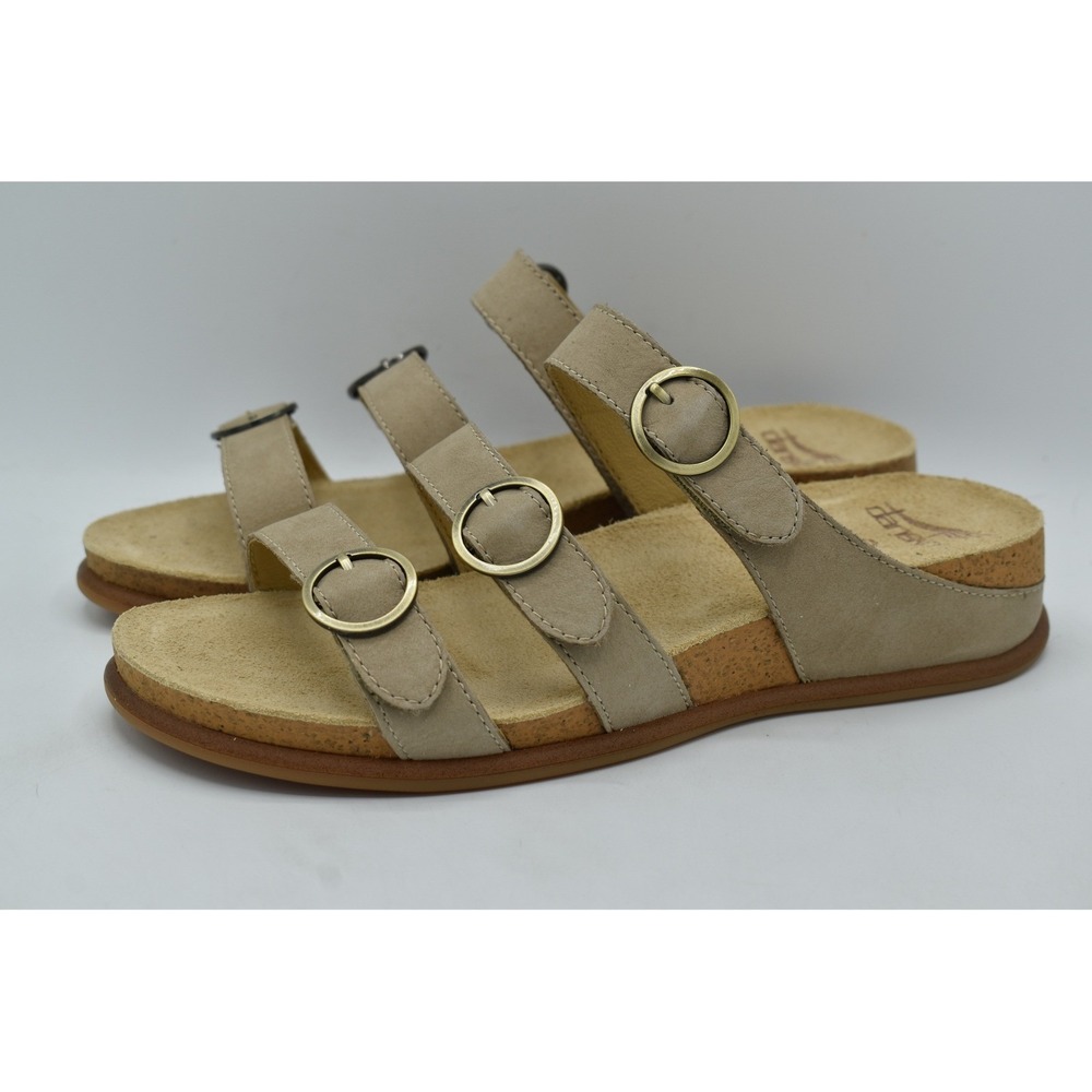 Dansko Campbell Slide Sandals Women 41 Taupe Three Strap Beach Coquette